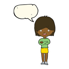 cartoon happy woman with speech bubble
