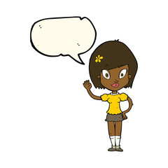 cartoon pretty girl waving with speech bubble
