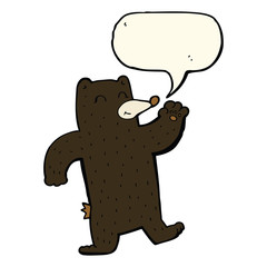 cartoon waving black bear with speech bubble