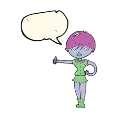 cartoon vampire girl giving thumbs up symbol with speech bubble