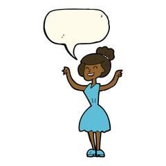 cartoon woman with raised arms with speech bubble
