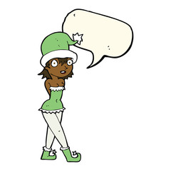 cartoon woman in christmas elf costume with speech bubble
