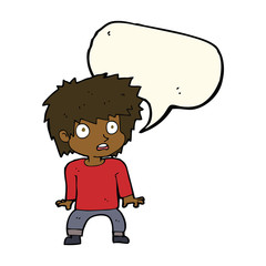 cartoon frightened boy with speech bubble
