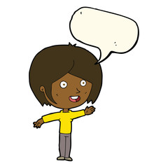 cartoon happy girl waving with speech bubble