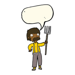 cartoon farmer with pitchfork with speech bubble