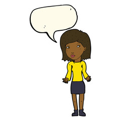 cartoon woman shrugging shoulders with speech bubble