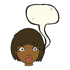 cartoon worried female face with speech bubble