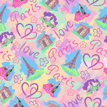 Colorful vector background with the sights of Paris.