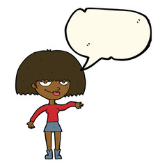 cartoon smug woman making dismissive gesture with speech bubble