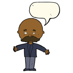 cartoon bald man with open arms with speech bubble