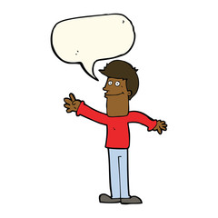 cartoon happy man waving with speech bubble