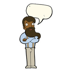 cartoon bearded hipster man with speech bubble