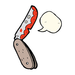 cartoon bloody folding knife with speech bubble