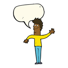 cartoon happy waving man with speech bubble