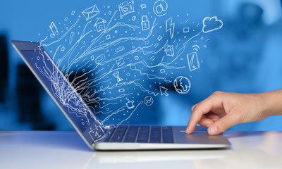 Man pressing notebook laptop computer with doodle icon cloud sym