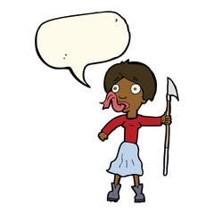 cartoon woman with spear sticking out tongue with speech bubble