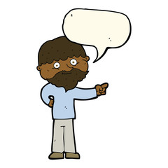 cartoon bearded man pointing with speech bubble