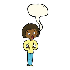 cartoon woman gesturing at self with speech bubble