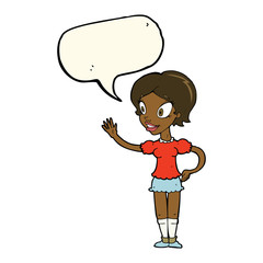 cartoon waving woman with speech bubble