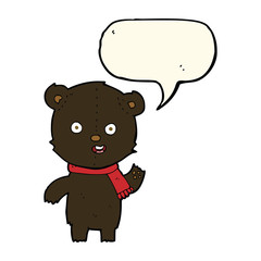 cartoon waving black bear cub with scarf with speech bubble