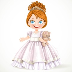 Cute little princess in a magnificent white dress with teddy bea