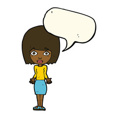 cartoon woman shrugging shoulders with speech bubble