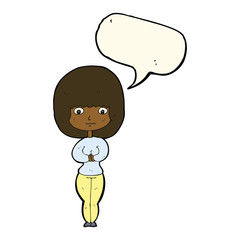 cartoon shy woman with speech bubble