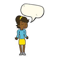 cartoon woman shrugging shoulders with speech bubble