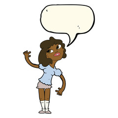 cartoon woman waving with speech bubble