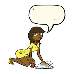 cartoon cinderella scrubbing floors with speech bubble