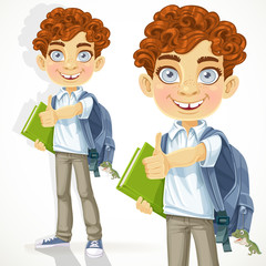 Cute curly-haired boy with books