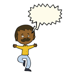 cartoon dancing man with mustache with speech bubble