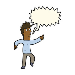 cartoon worried man pointing with speech bubble