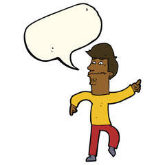 cartoon worried man pointing with speech bubble