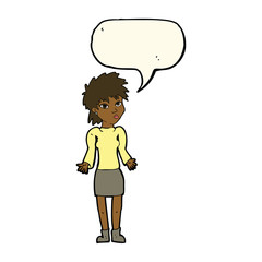 cartoon woman shrugging shoulders with speech bubble