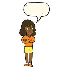 cartoon woman with crossed arms with speech bubble