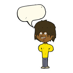 cartoon happy scruffy boy with speech bubble
