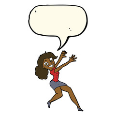 cartoon happy woman jumping with speech bubble