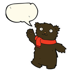 cartoon teddy bear wearing scarf with speech bubble