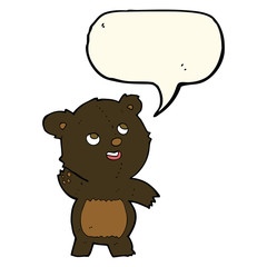 cartoon cute waving black bear teddy with speech bubble