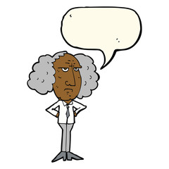 cartoon big hair lecturer man with speech bubble