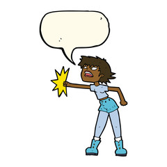 cartoon woman punching with speech bubble