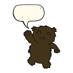 cartoon waving black bear with speech bubble