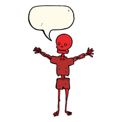 cartoon skeleton in clothes with speech bubble