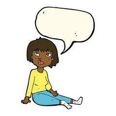 cartoon woman sitting on floor with speech bubble