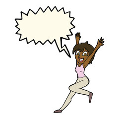 cartoon excited woman with speech bubble