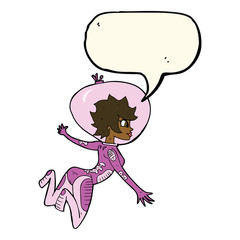 cartoon space woman with speech bubble