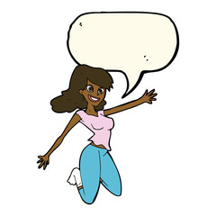 cartoon jumping woman with speech bubble