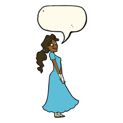 cartoon pretty woman in dress with speech bubble