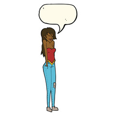 cartoon pretty woman shrugging shoulders with speech bubble